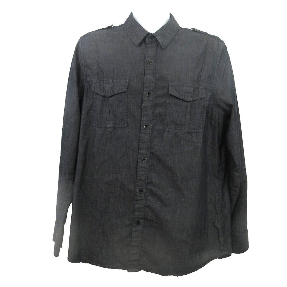 Guess Mens DEAN Shirt Sz Large Slim Fit Black Button Front LS Epaulets Military